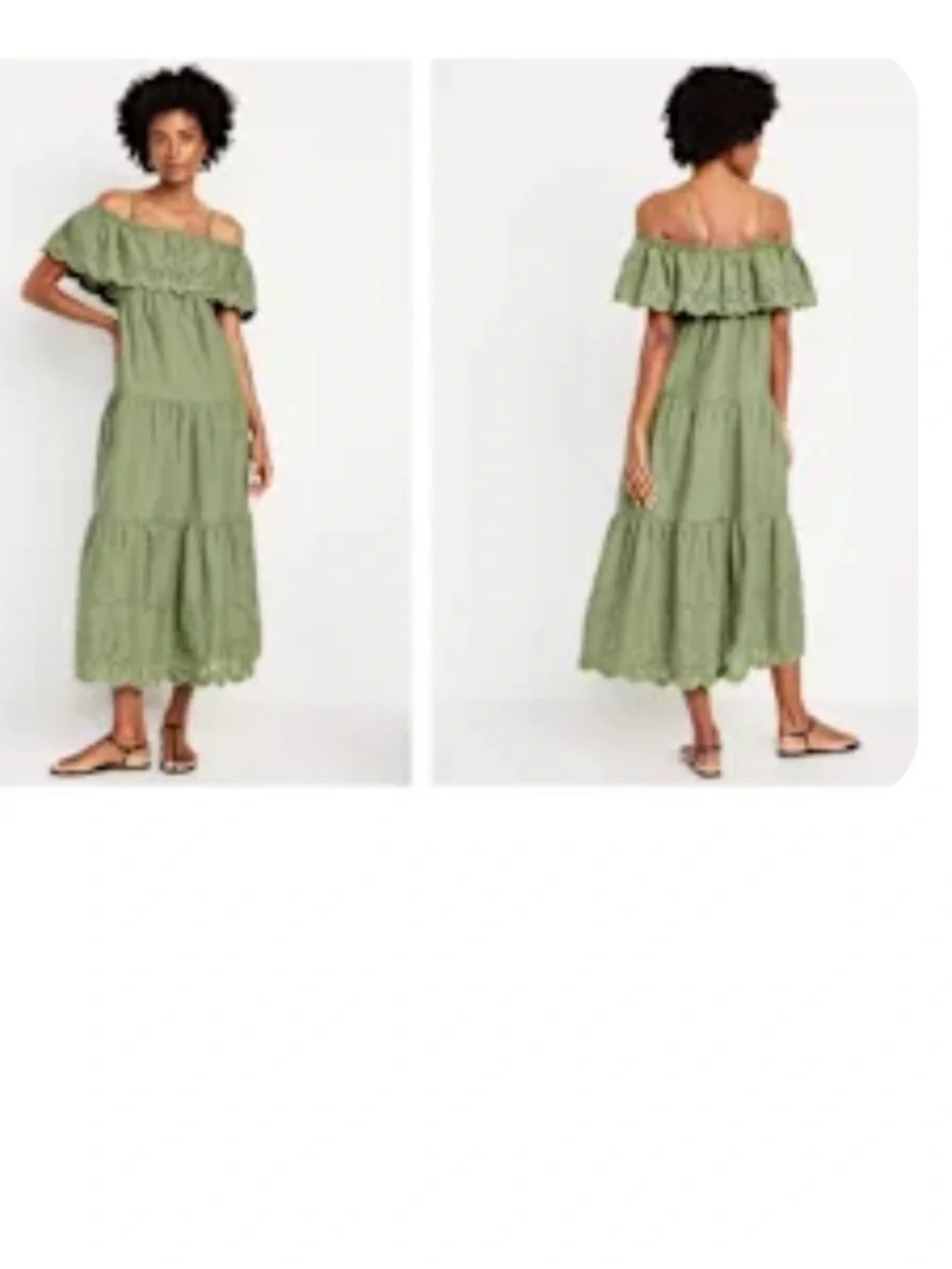 NWOT $55 Old Navy Olive Green Off-Shoulder Tiered Maxi Dress with Eyelet Detail - Picture 2 of 9